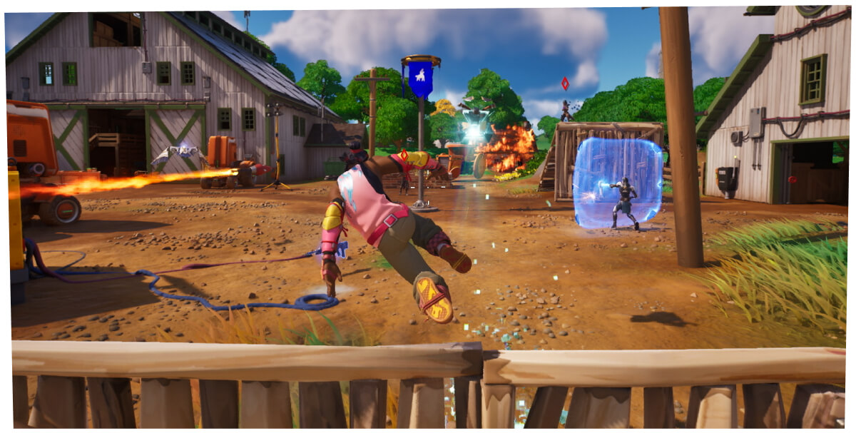 Official Fortnite gameplay screenshot showing a player hurdling into an active Battle Royale fight